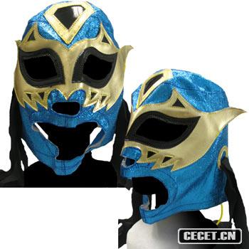 面具是这个,墨西哥摔交手volador Jr.的,99美金。但我发的图中头带是黑色,原图中是黄色的,KIN `N字样并非面具中的,而是两顶棒球帽其中一顶上的字样,从面具口中露出来的。