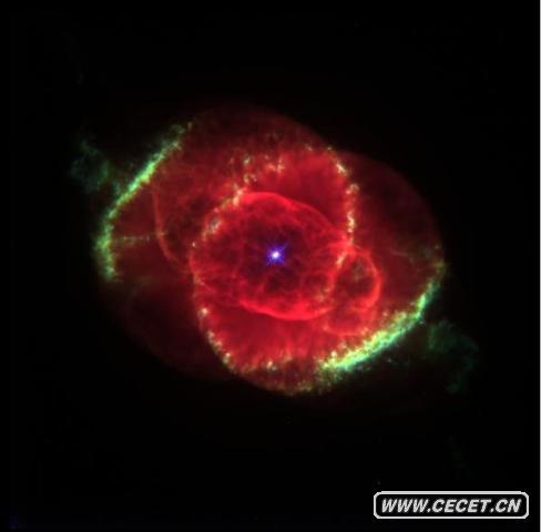 猫眼星云 在3000光年之外,一颗垂死的恒星喷发出发光气体。这张哈勃太空望远镜拍摄的图片,显示猫眼星云是最复杂的“行星星云”之一,位于天龙座。星云的光亮部分主要是中央恒星释出的恒星风及星云形成时射出的物质相碰撞而成的。事实上,猫眼星云的特征非常复杂,天文学家怀疑,星云中央明亮物体可能是一个双星系统。